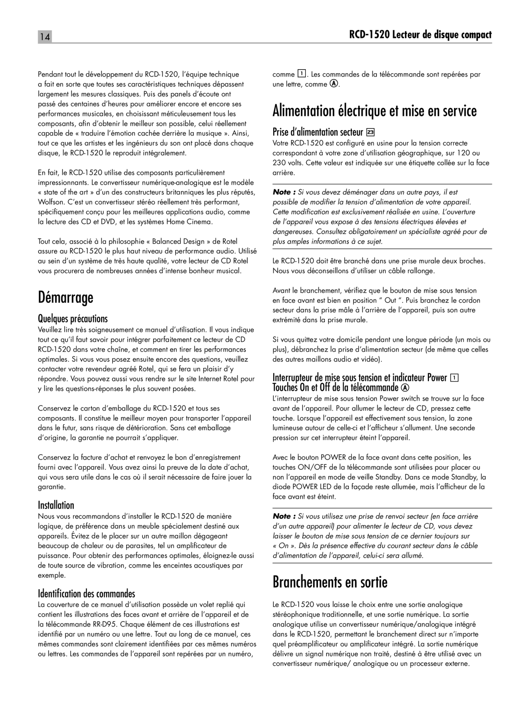 Rotel RCD-1520 owner manual Démarrage, Branchements en sortie 