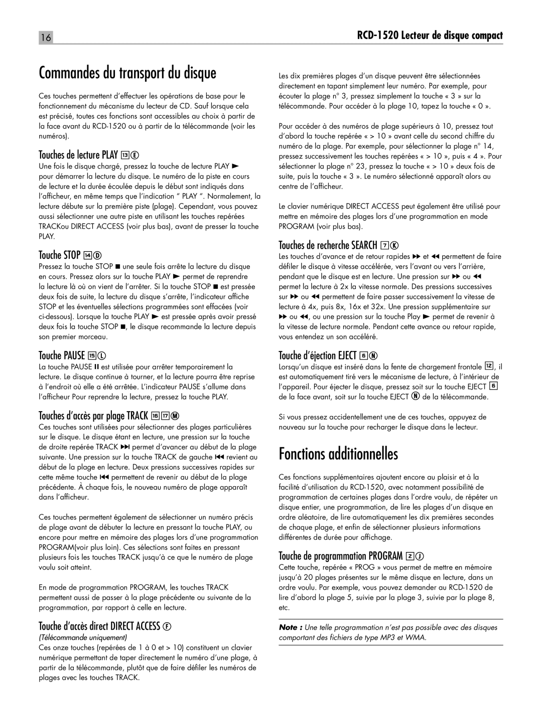 Rotel RCD-1520 owner manual Fonctions additionnelles 