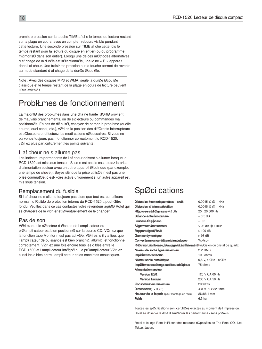 Rotel RCD-1520 Problèmes de fonctionnement, Spécifications, ’afficheur ne s’allume pas, Remplacement du fusible 