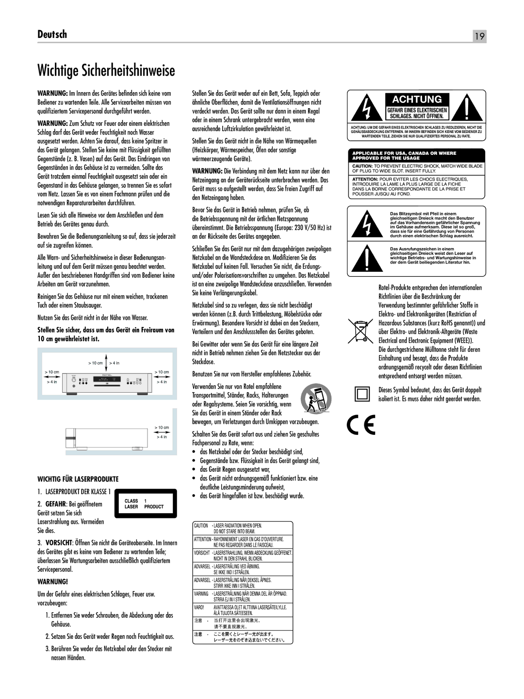 Rotel RCD-1520 owner manual Laserprodukt DER Klasse, Verwenden Sie nur von Rotel empfohlene, Das Gerät Regen ausgesetzt war 