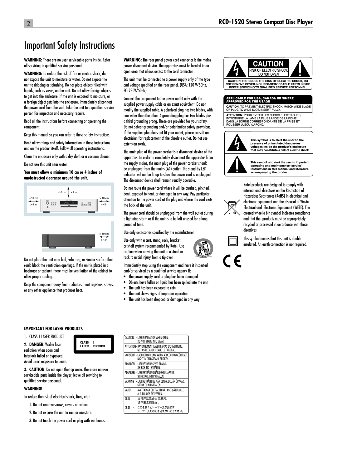 Rotel RCD-1520 owner manual Power supply cord or plug has been damaged, Class 1 Laser Product 