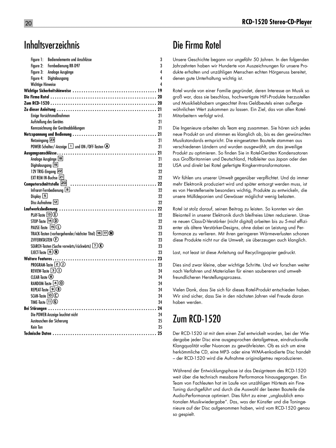 Rotel owner manual Inhaltsverzeichnis Die Firma Rotel, Zum RCD-1520 