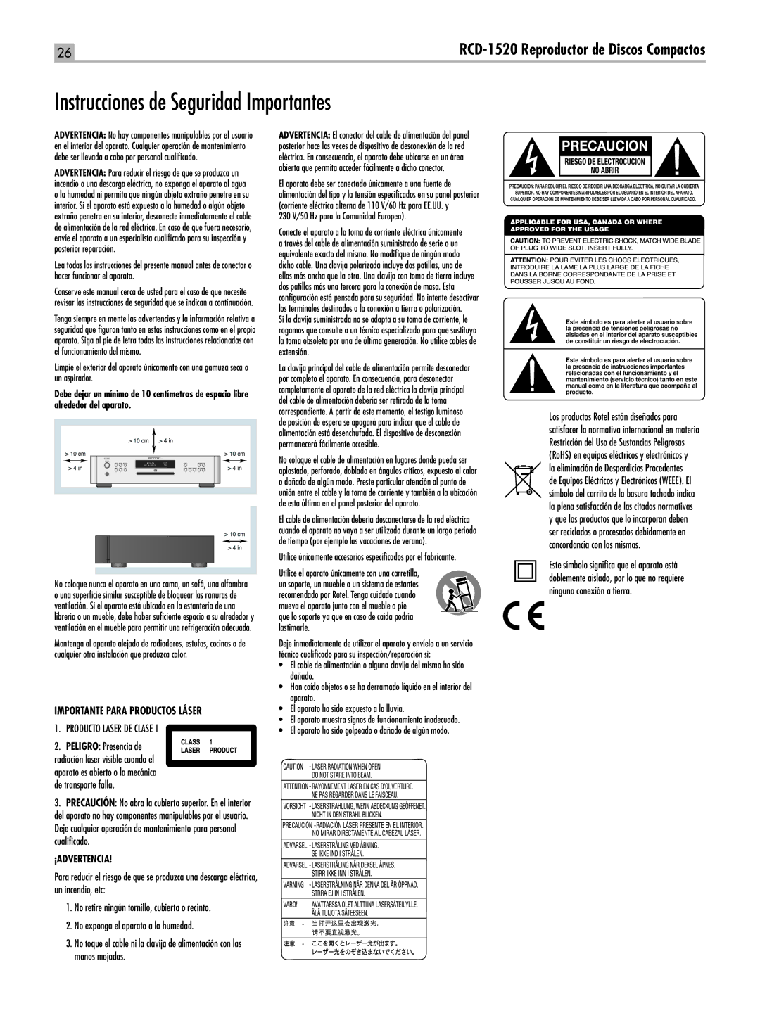 Rotel Instrucciones de Seguridad Importantes, RCD-1520 Reproductor de Discos Compactos, Producto Laser DE Clase 