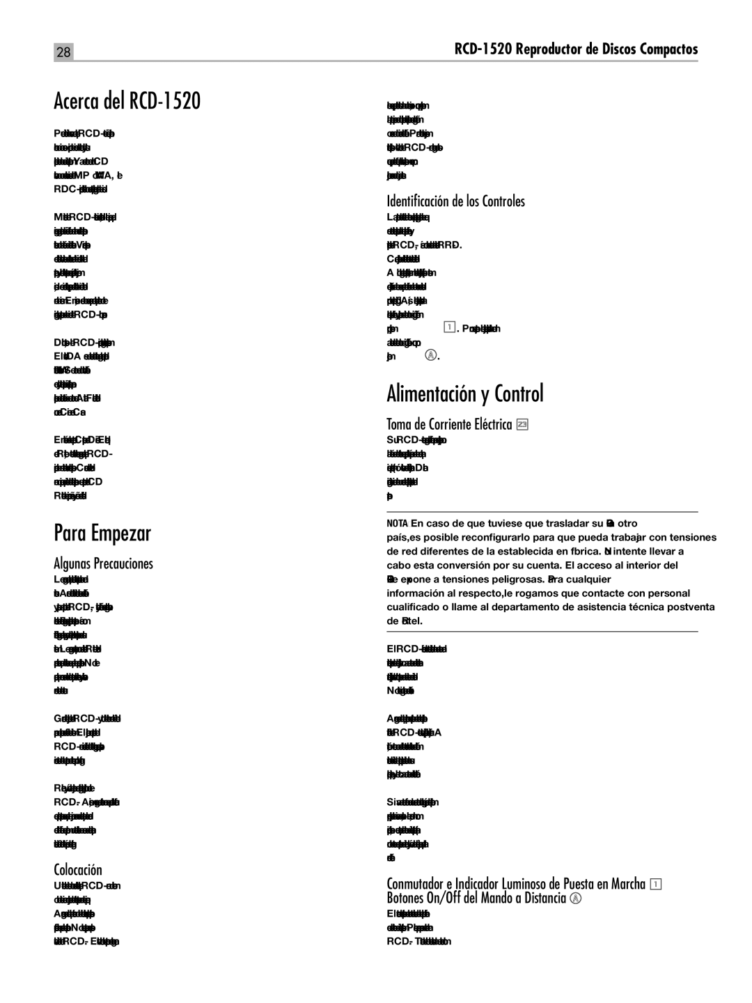 Rotel owner manual Acerca del RCD-1520, Para Empezar, Alimentación y Control 