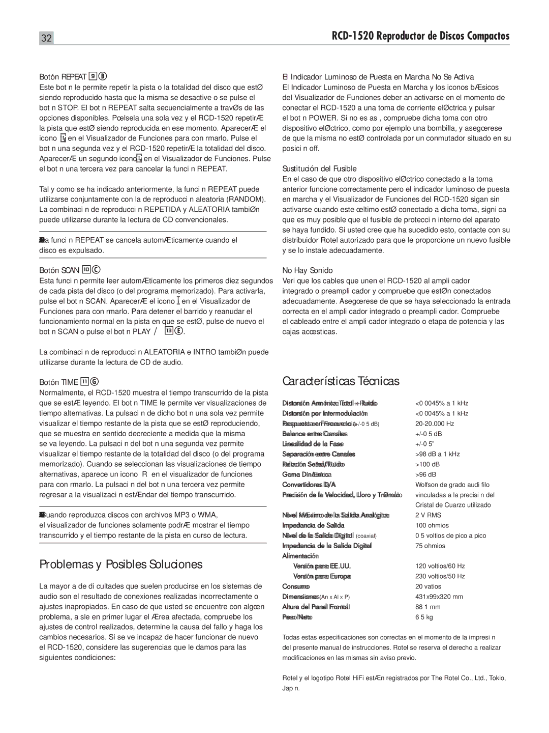 Rotel RCD-1520 owner manual Características Técnicas 