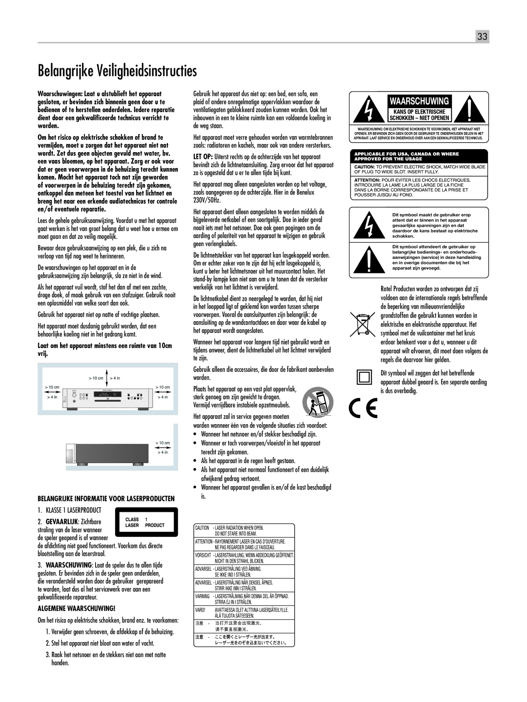 Rotel RCD-1520 owner manual Belangrijke Veiligheidsinstructies, Laat om het apparaat minstens een ruimte van 10cm vrij 