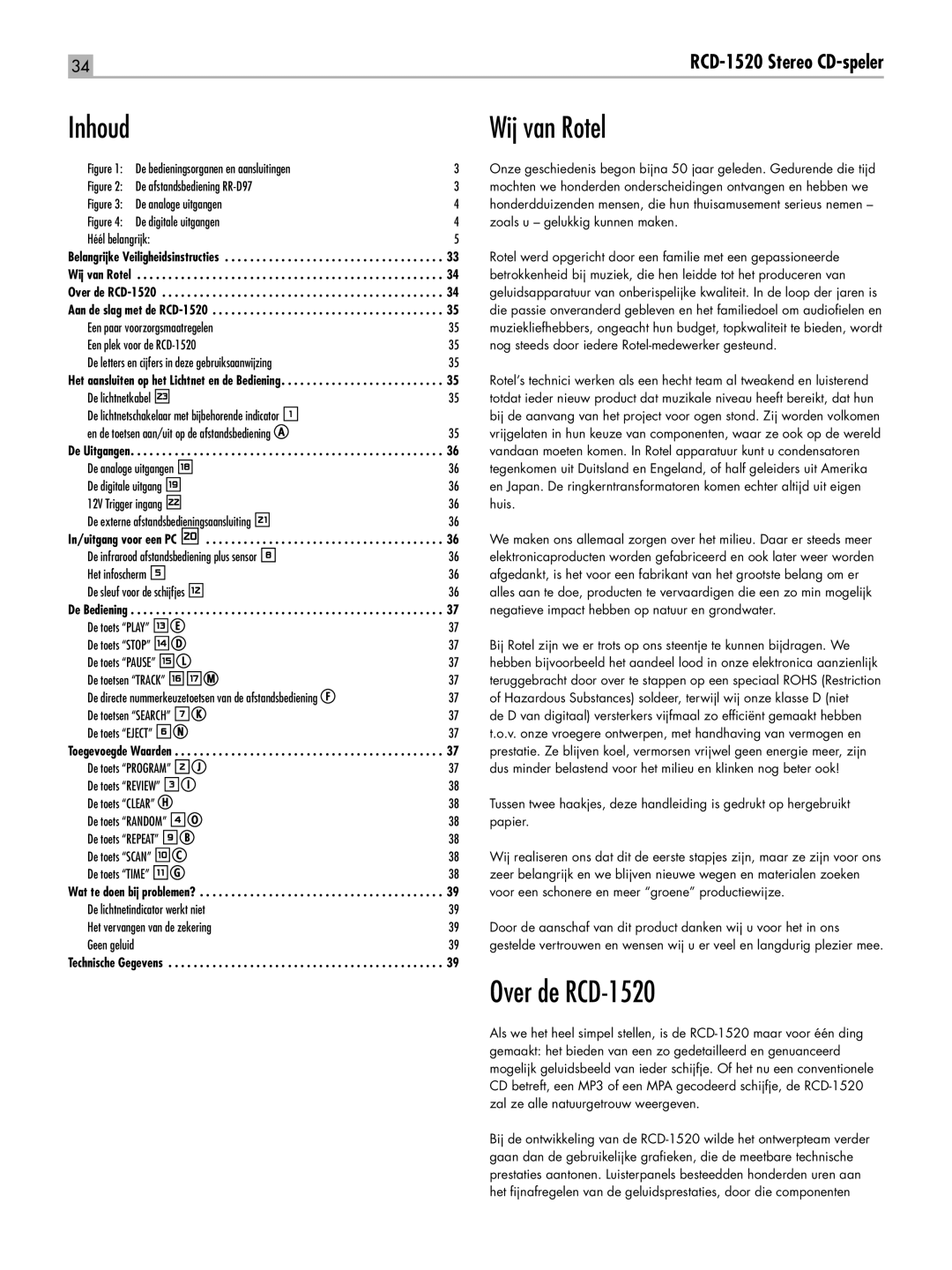 Rotel owner manual Inhoud Wij van Rotel, Over de RCD-1520 