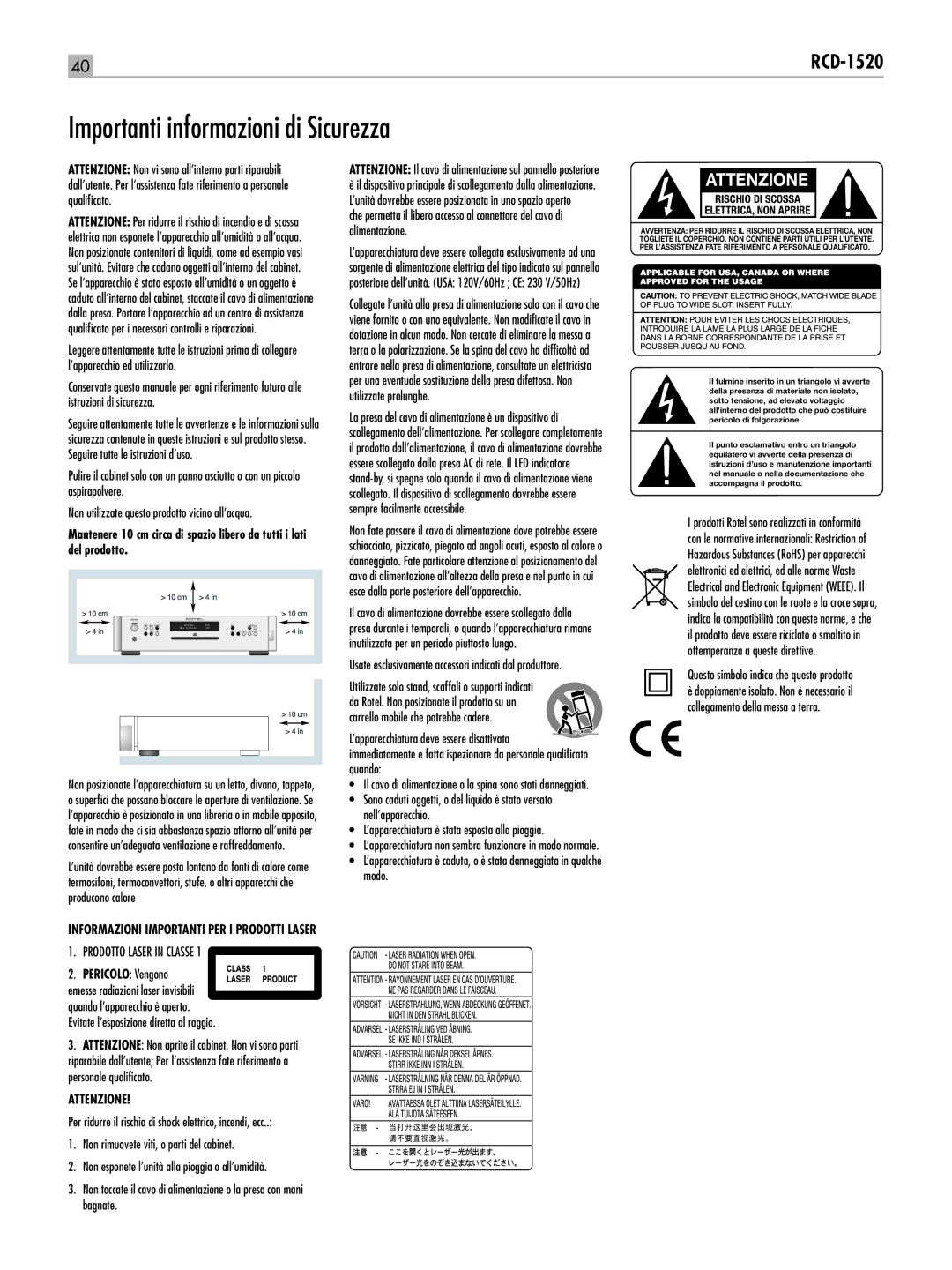 Rotel RCD-1520 owner manual Importanti informazioni di Sicurezza, Prodotto Laser in Classe 