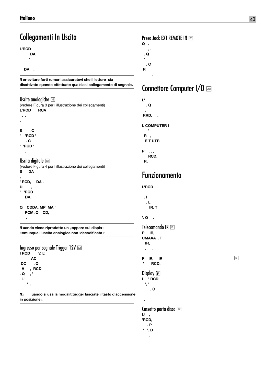 Rotel RCD-1520 owner manual Collegamenti In Uscita, Connettore Computer I/O, Funzionamento 