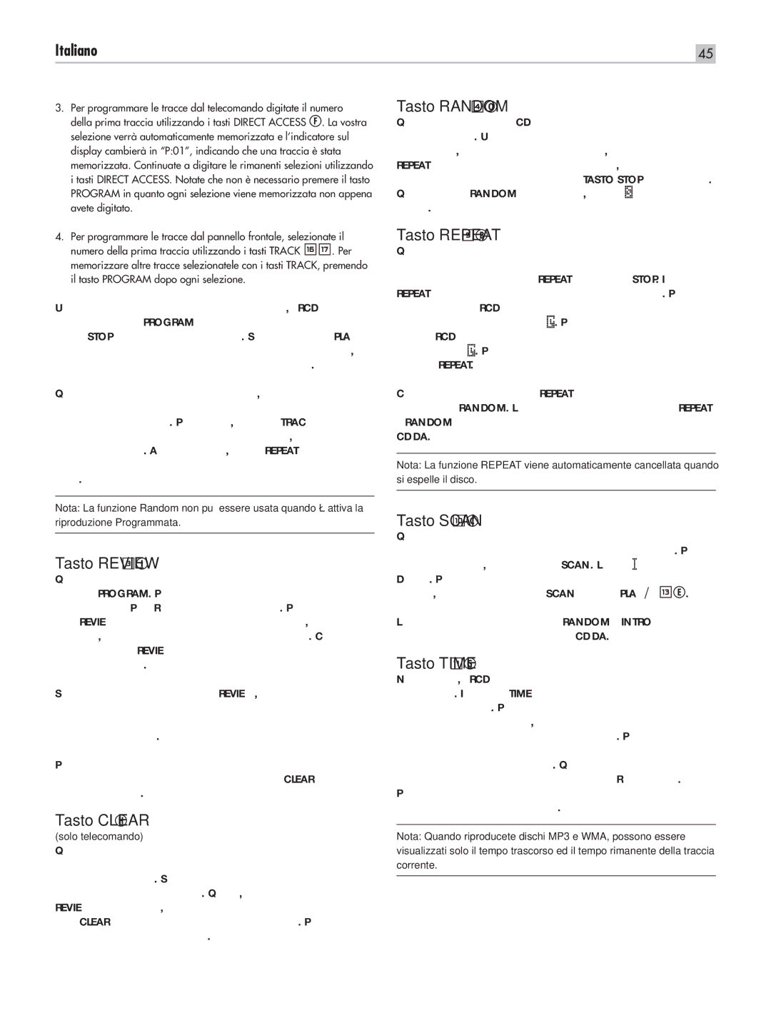 Rotel RCD-1520 owner manual Tasto Review, Tasto Clear H, Tasto Random 4O, Tasto Repeat 9B, Tasto Scan 0C, Tasto Time G 