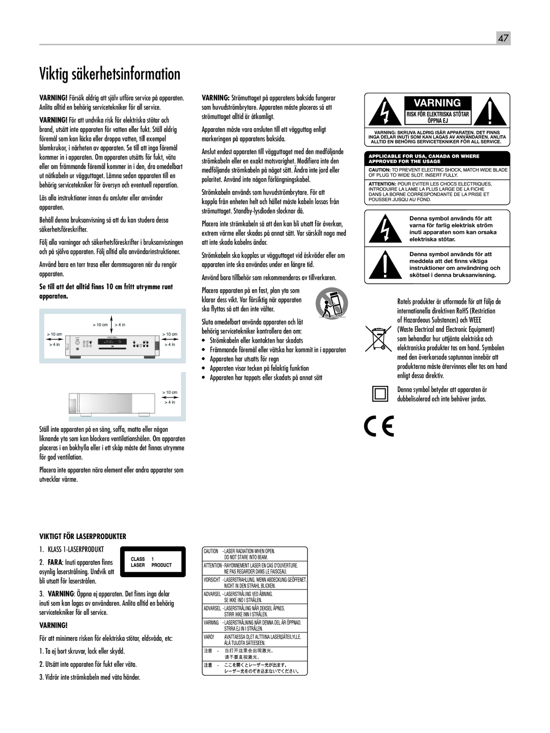 Rotel RCD-1520 Placera apparaten på en fast, plan yta som, Strömkabeln eller kontakten har skadats, Klass 1-LASERPRODUKT 