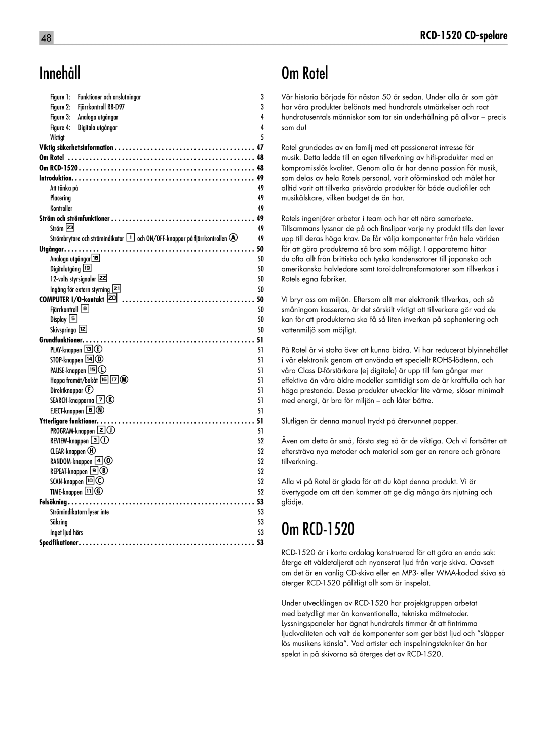 Rotel owner manual Innehåll Om Rotel, Om RCD-1520 