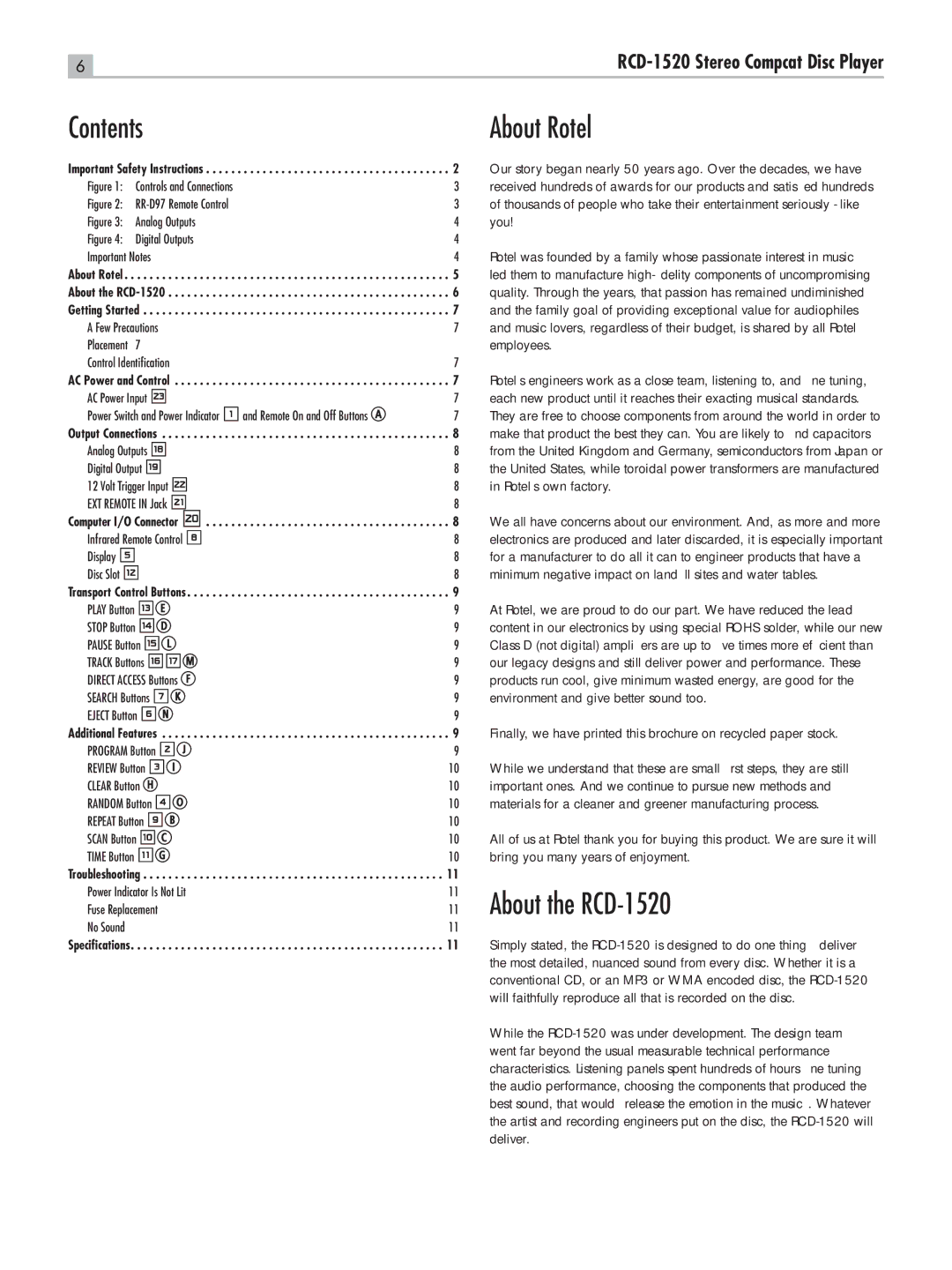 Rotel owner manual Contents About Rotel, About the RCD-1520 