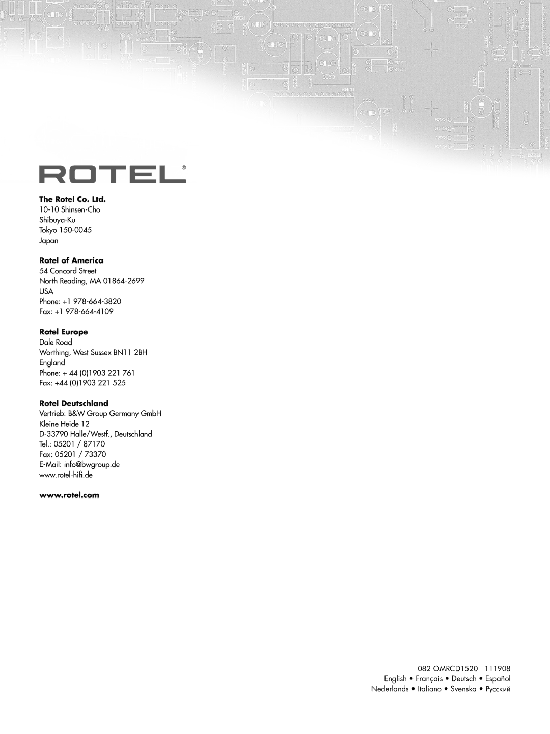 Rotel RCD-1520 owner manual Rotel of America, Usa, Rotel Europe, Rotel Deutschland 