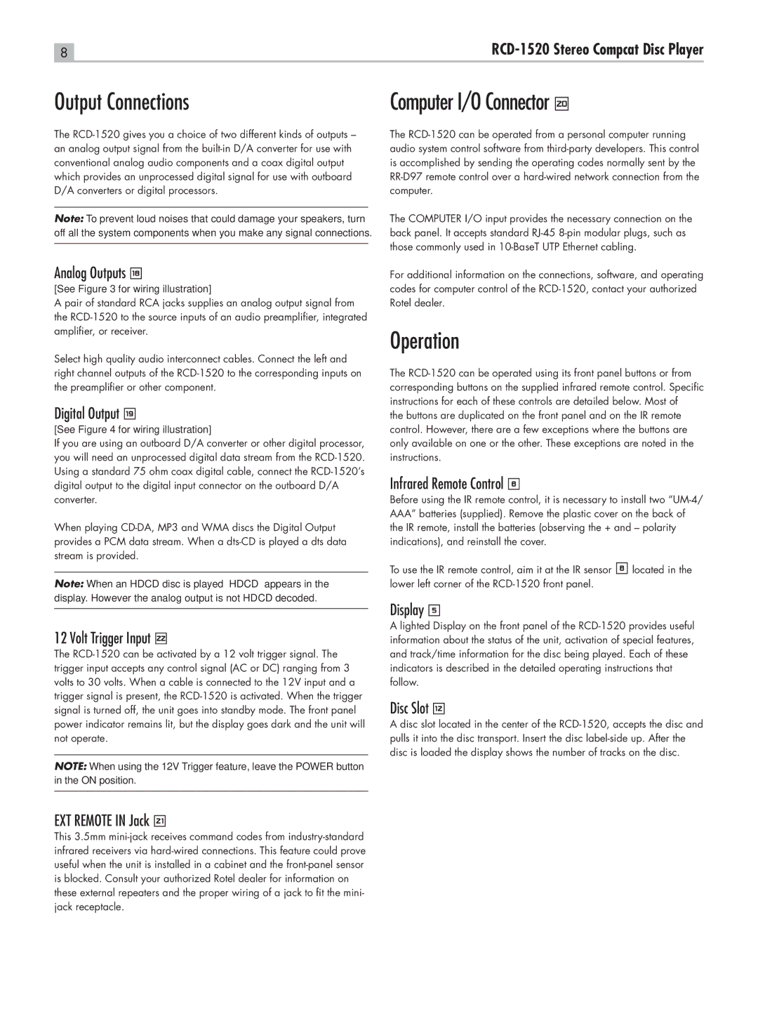 Rotel RCD-1520 owner manual Output Connections, Computer I/O Connector, Operation 
