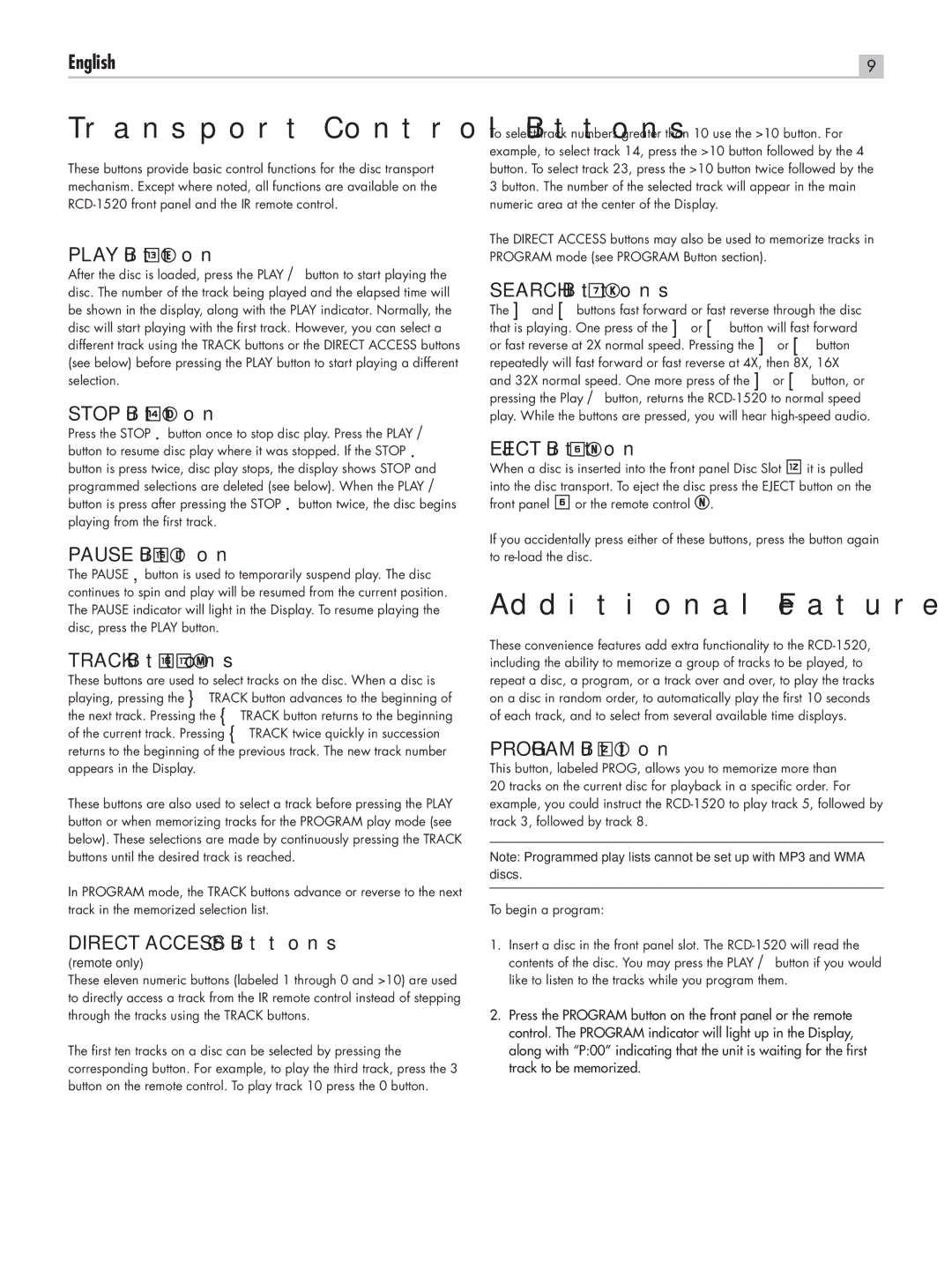 Rotel RCD-1520 owner manual Transport Control Buttons, Additional Features 