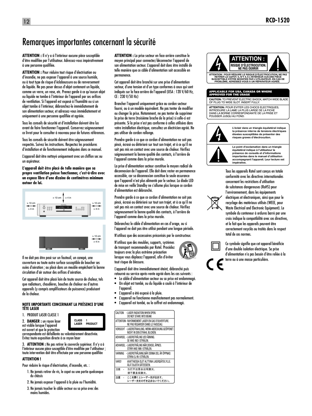 Rotel RCD-1520 owner manual Remarques importantes concernant la sécurité, Risque D’Électrocution Ne Pas Ouvrir 