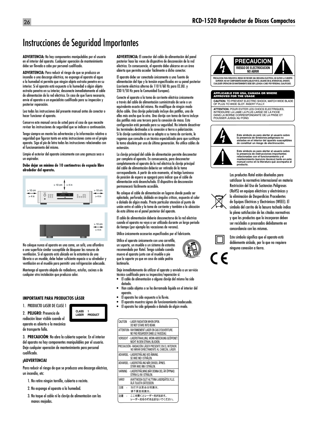Rotel RCD-1520 owner manual Instrucciones de Seguridad Importantes, Precaucion, Riesgo De Electrocucion No Abrir 