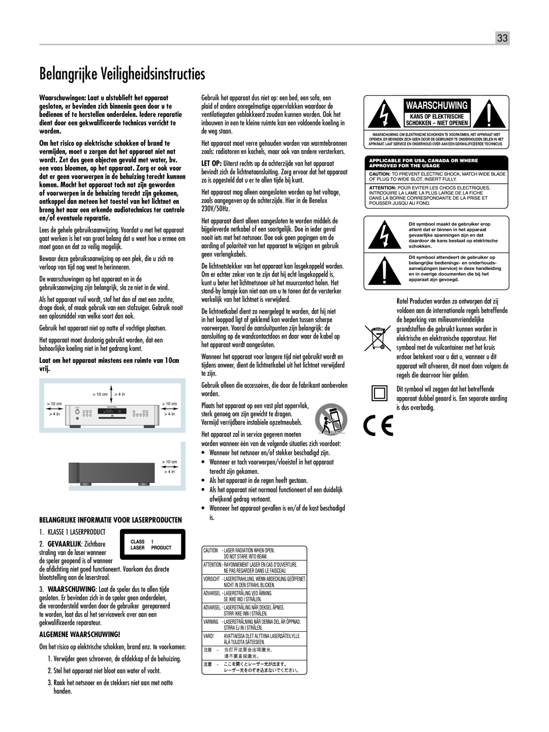 Rotel RCD-1520 owner manual Belangrijke Veiligheidsinstructies, Waarschuwing, Belangrijke informatie voor laserproducten 
