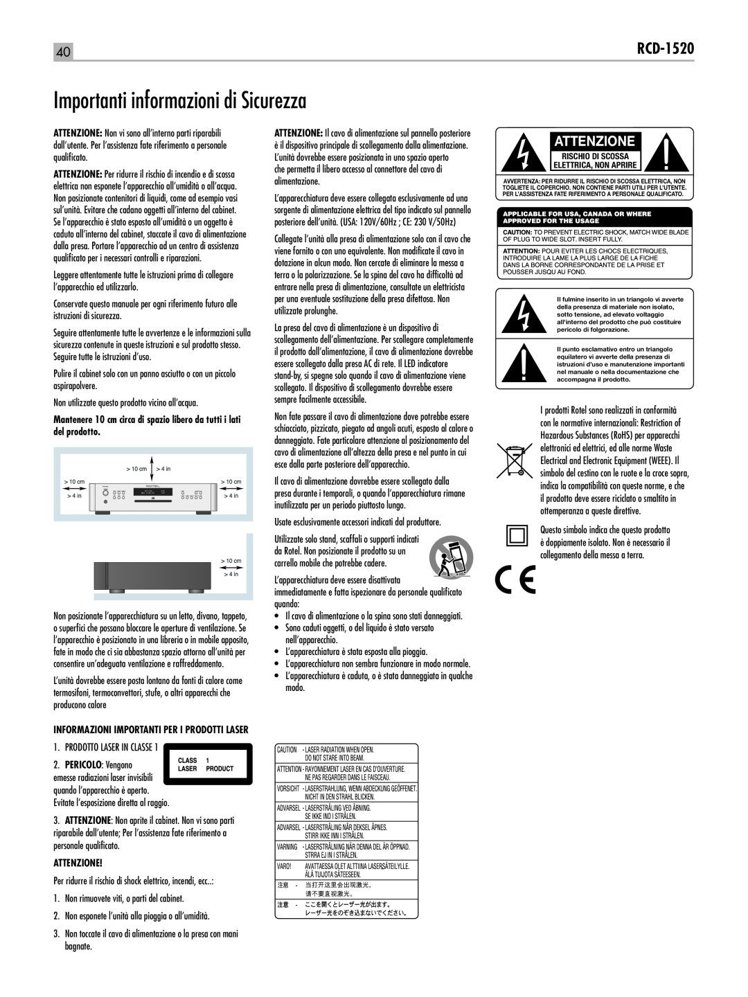 Rotel RCD-1520 owner manual Importanti informazioni di Sicurezza, Attenzione 