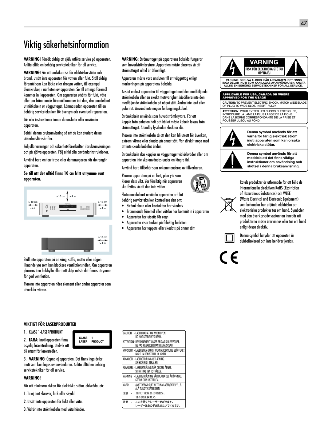 Rotel RCD-1520 owner manual Viktig säkerhetsinformation, Varning 