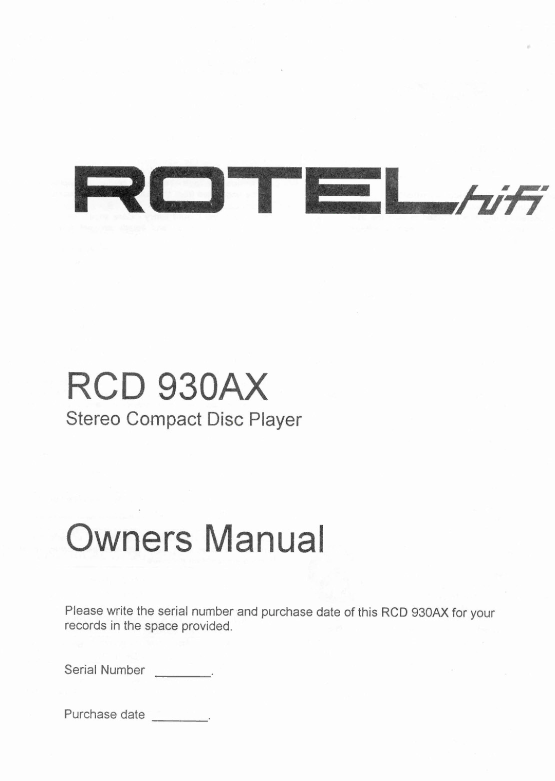 Rotel RCD 930AX manual 