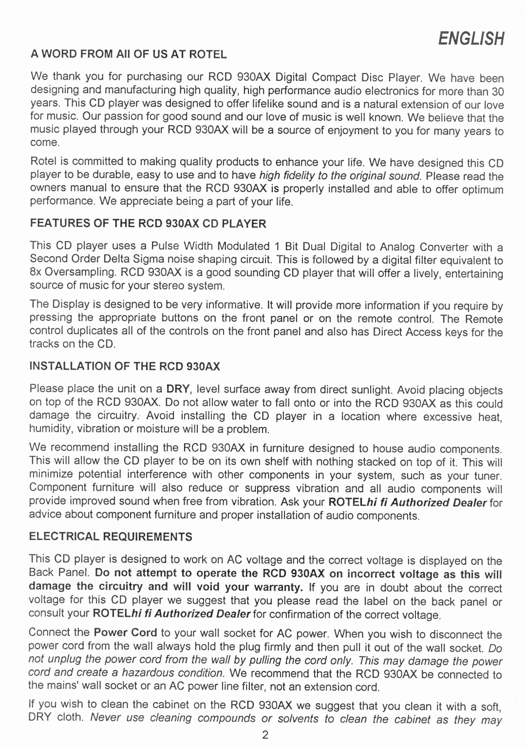 Rotel RCD 930AX manual 