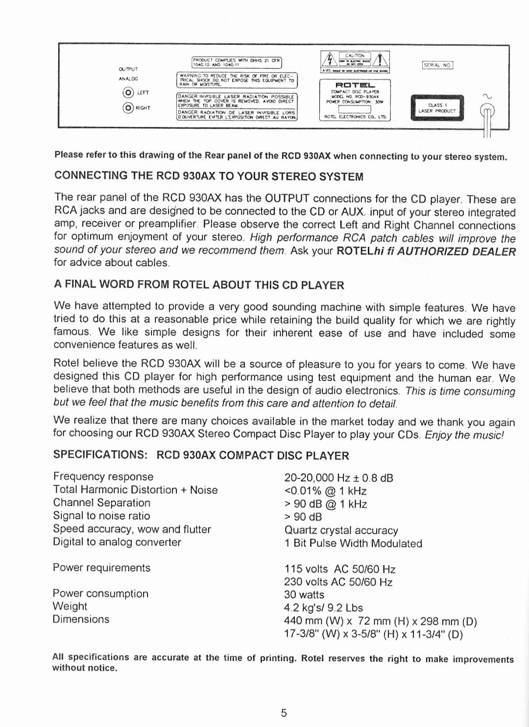 Rotel RCD 930AX manual 