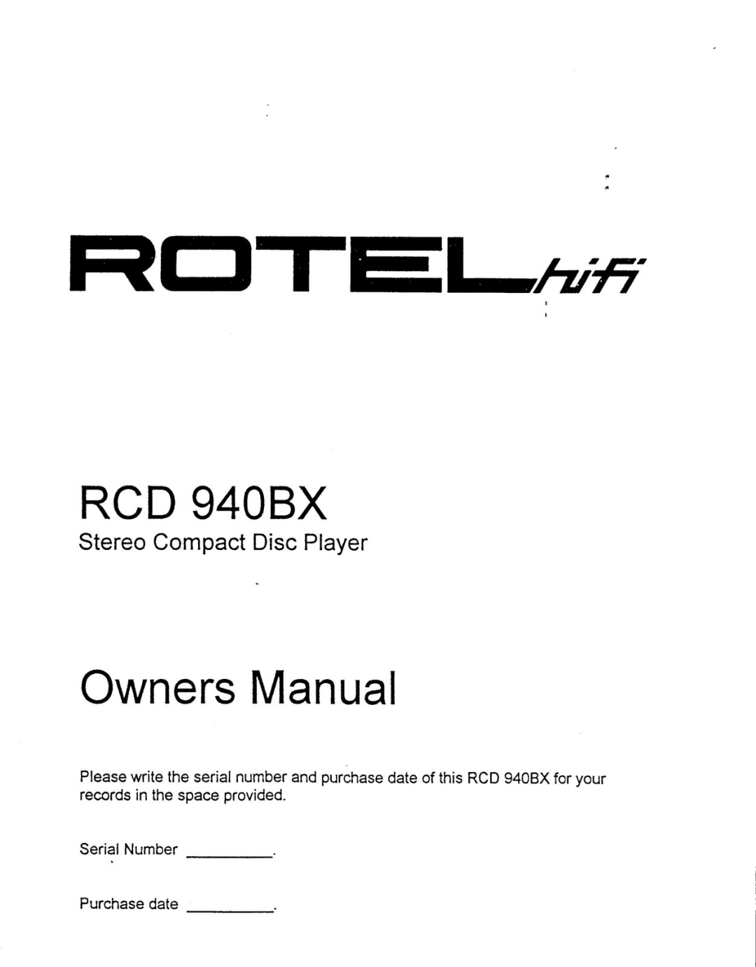 Rotel RCD 940BX manual 