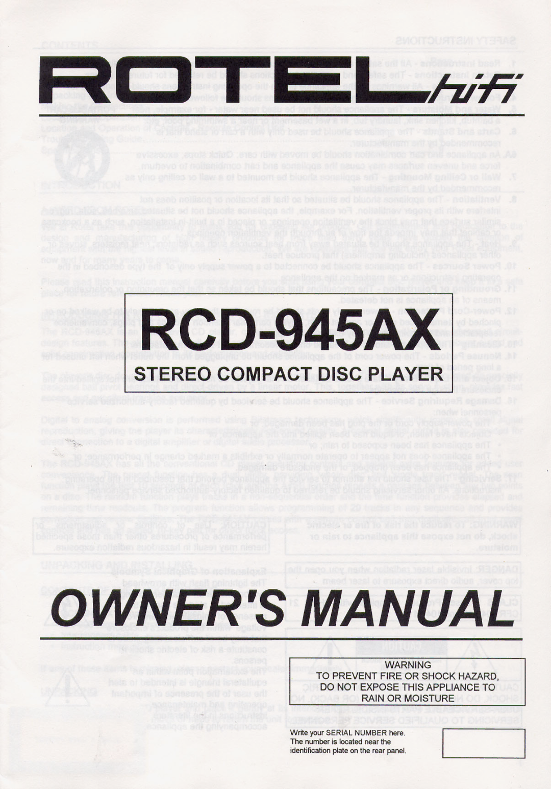 Rotel RCD-945AX manual 