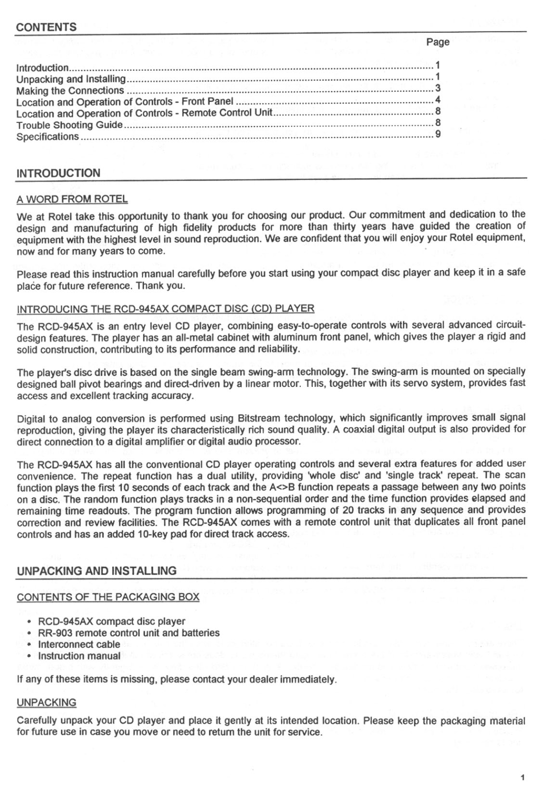 Rotel RCD-945AX manual 