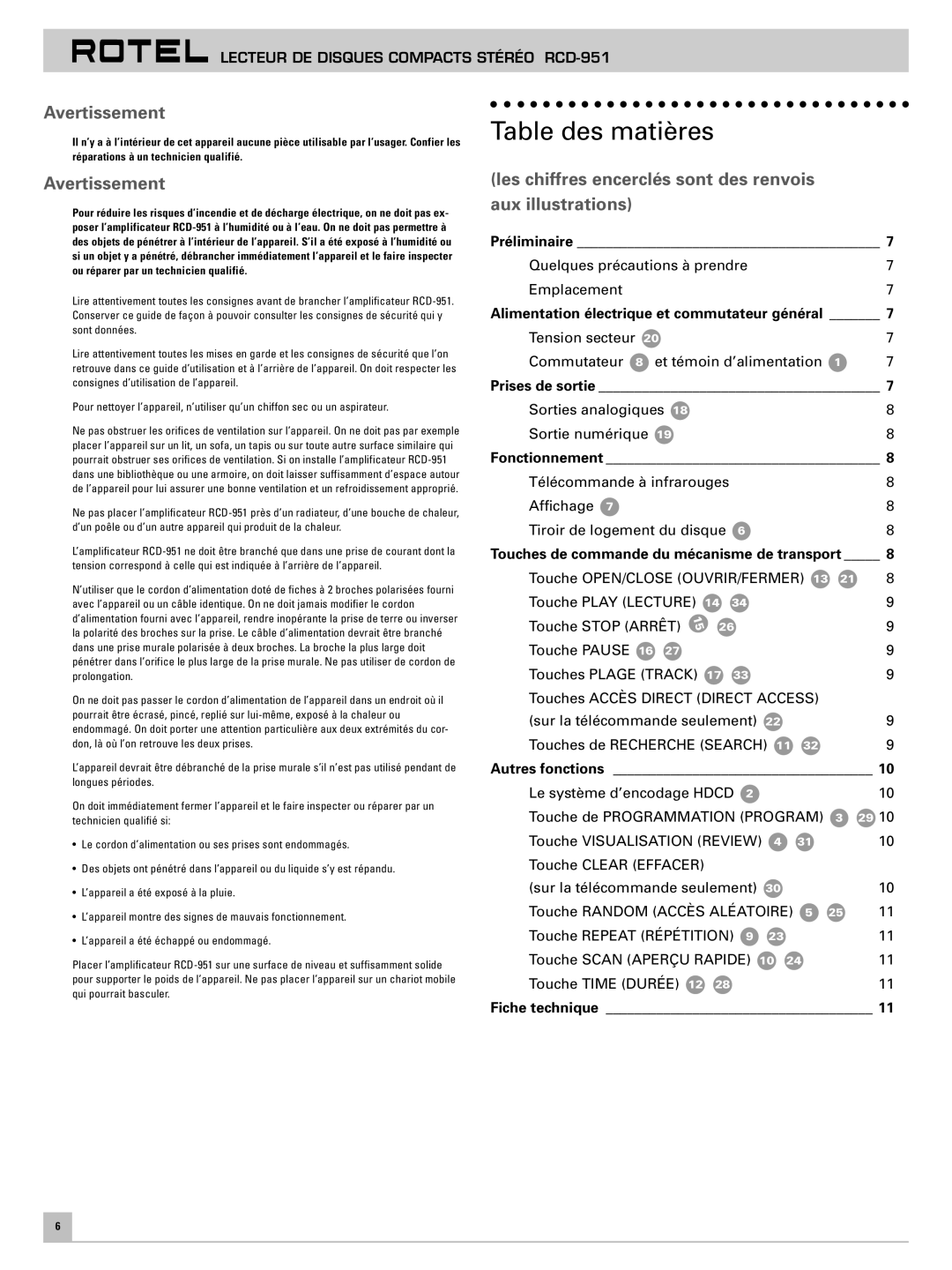 Rotel RCD-951 owner manual Table des matières, Avertissement, Les chiffres encerclés sont des renvois aux illustrations 