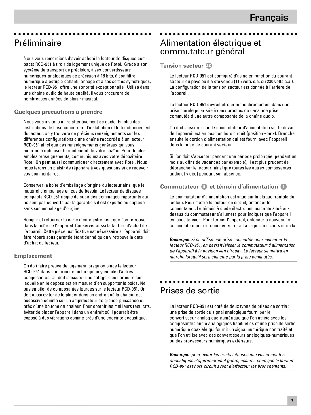 Rotel RCD-951 owner manual Français, Préliminaire, Alimentation électrique et commutateur général, Prises de sortie 