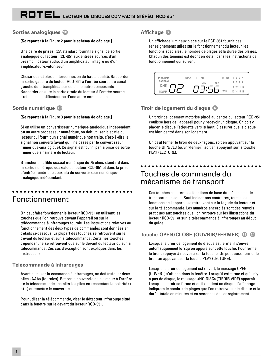 Rotel RCD-951 owner manual Fonctionnement, Touches de commande du mécanisme de transport 