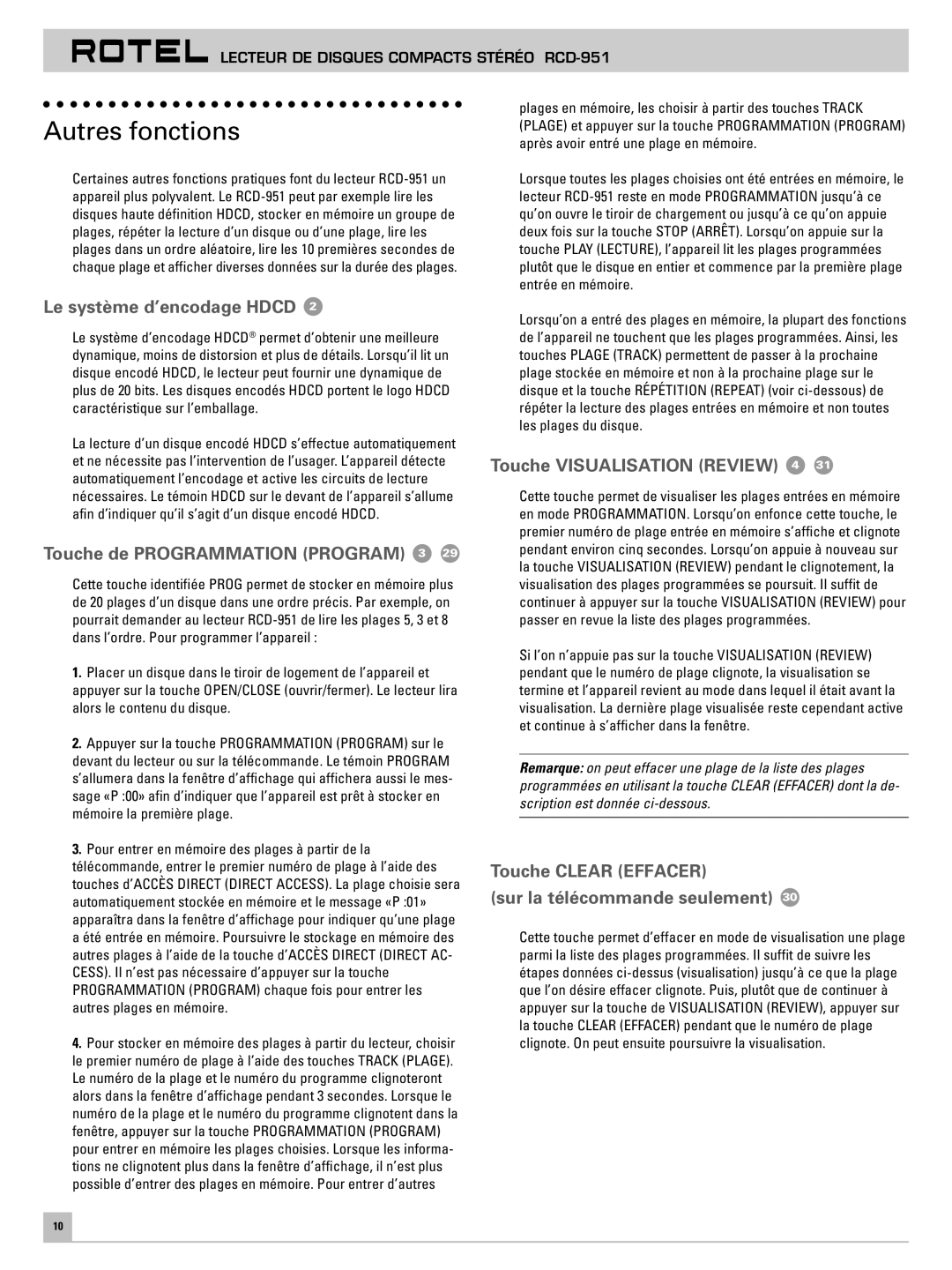 Rotel RCD-951 owner manual Autres fonctions, Le système d’encodage Hdcd, Touche de Programmation Program 3 