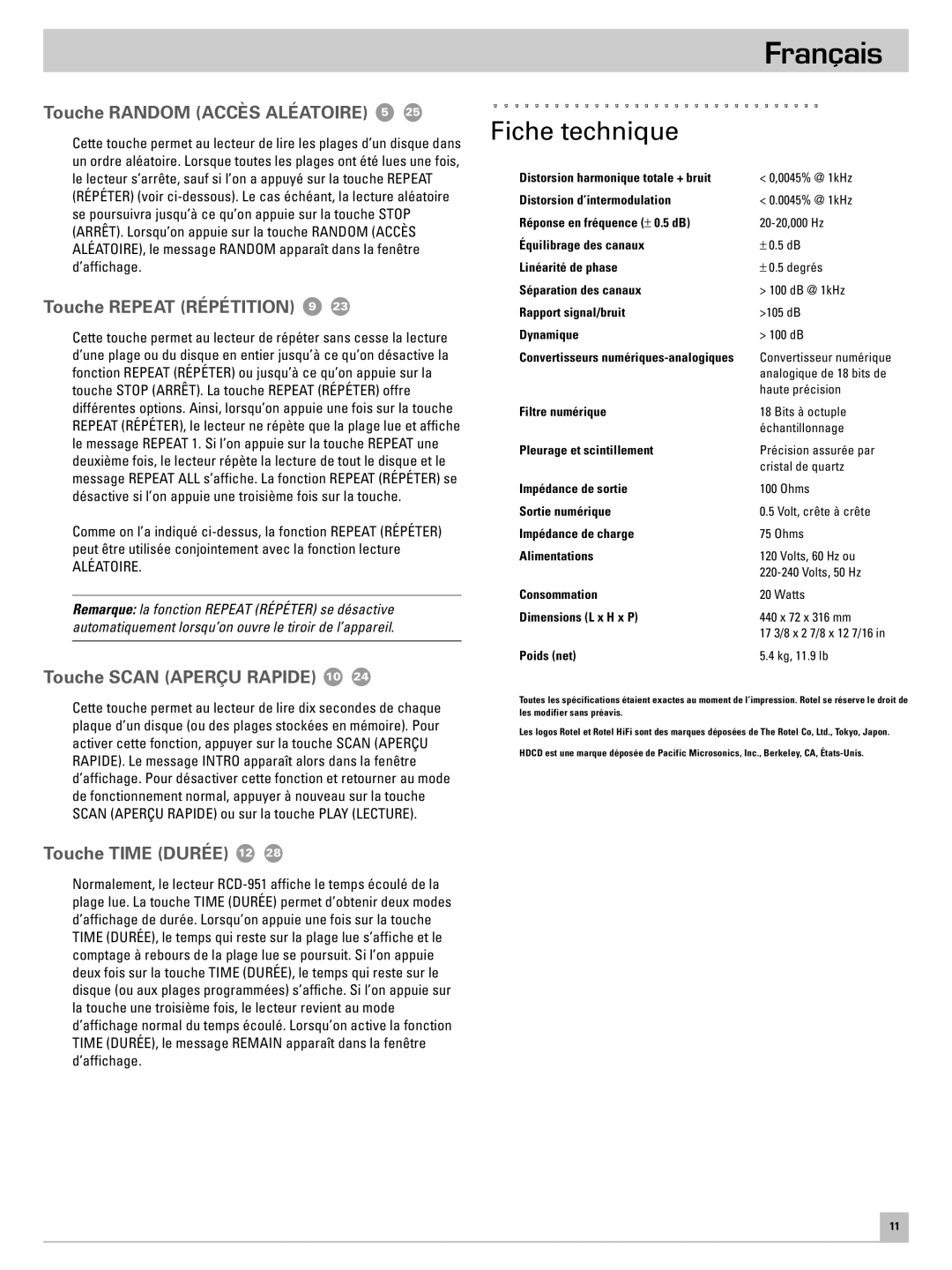 Rotel RCD-951 Fiche technique, Touche Random Accès Aléatoire 5, Touche Repeat Répétition 9, Touche Scan Aperçu Rapide 10 