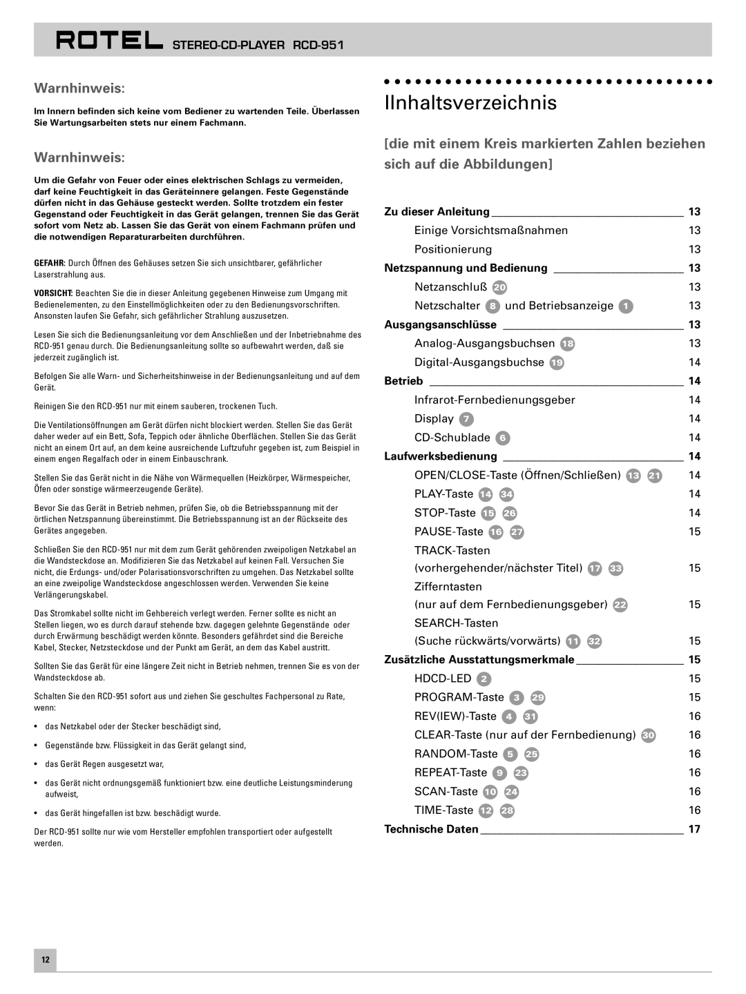 Rotel RCD-951 owner manual IInhaltsverzeichnis, Warnhinweis 