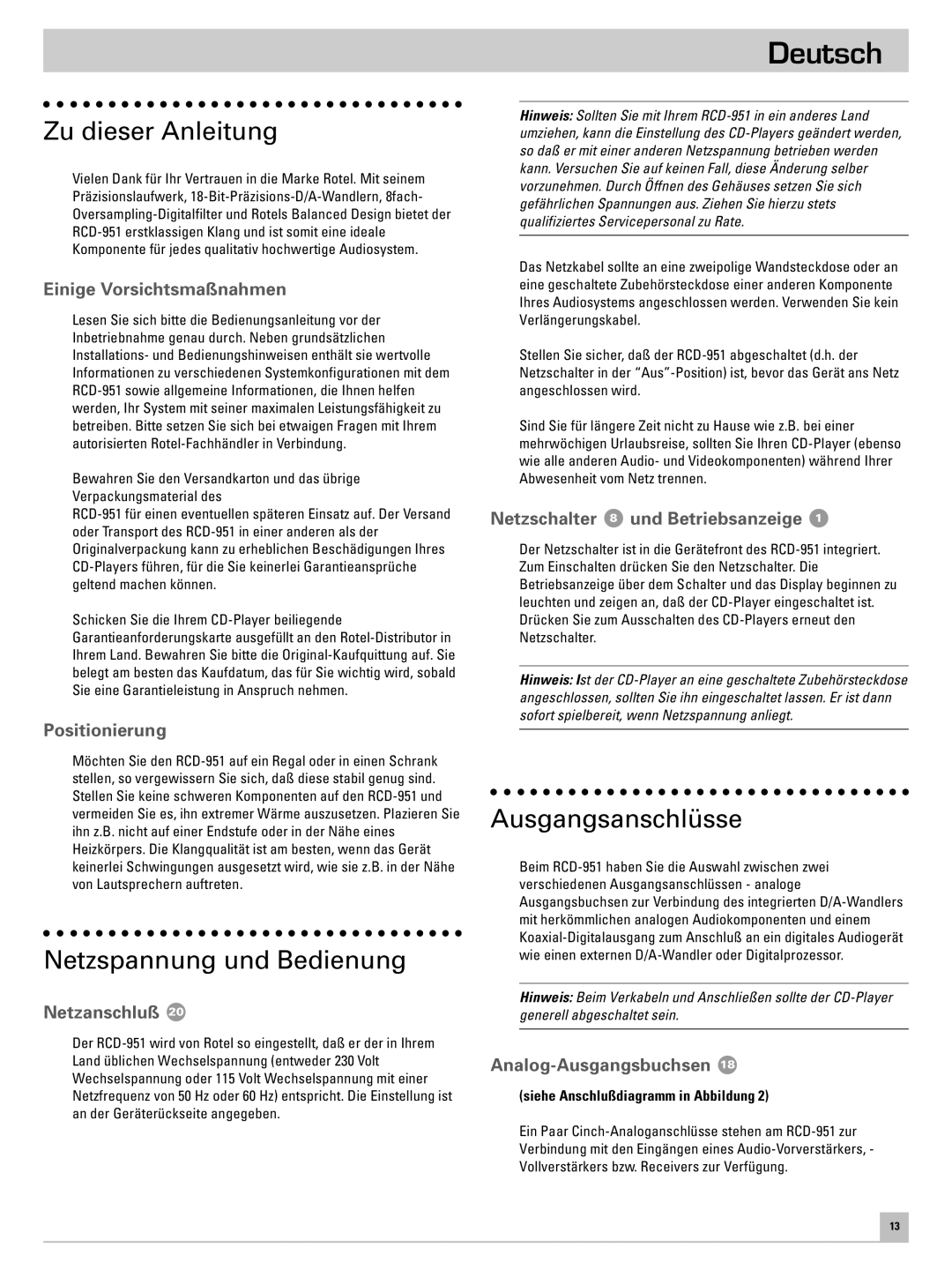 Rotel RCD-951 owner manual Deutsch, Zu dieser Anleitung, Netzspannung und Bedienung, Ausgangsanschlüsse 