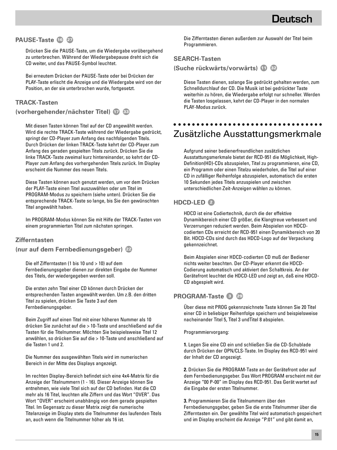 Rotel RCD-951 owner manual Zusätzliche Ausstattungsmerkmale 