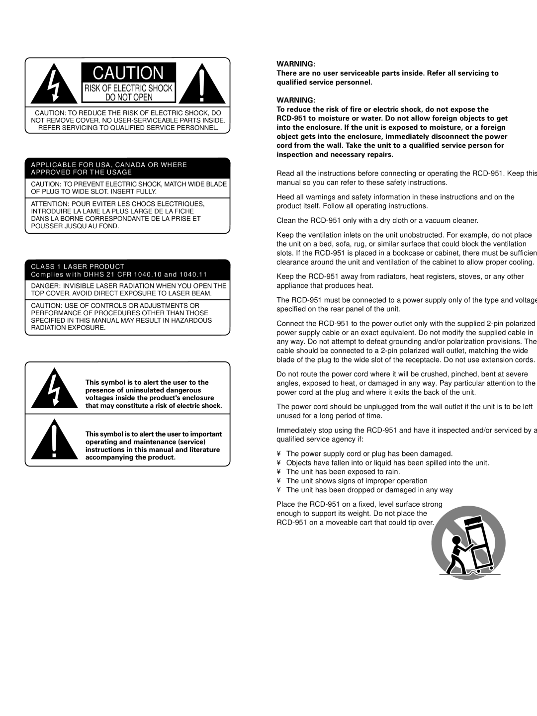 Rotel RCD-951 owner manual Risk of Electric Shock Do not Open 