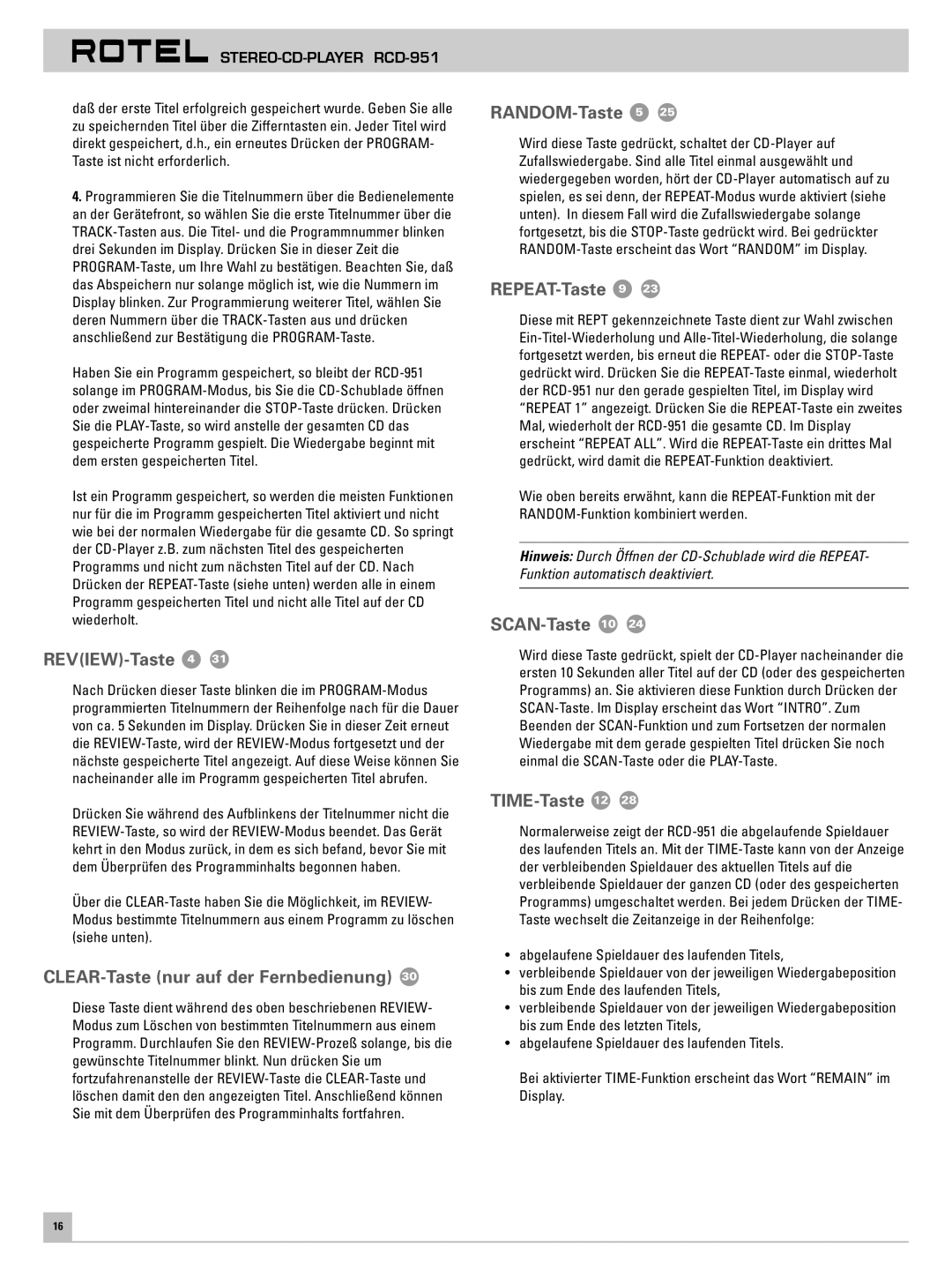 Rotel RCD-951 REVIEW-Taste 4, CLEAR-Taste nur auf der Fernbedienung, RANDOM-Taste 5, REPEAT-Taste 9, SCAN-Taste 10 