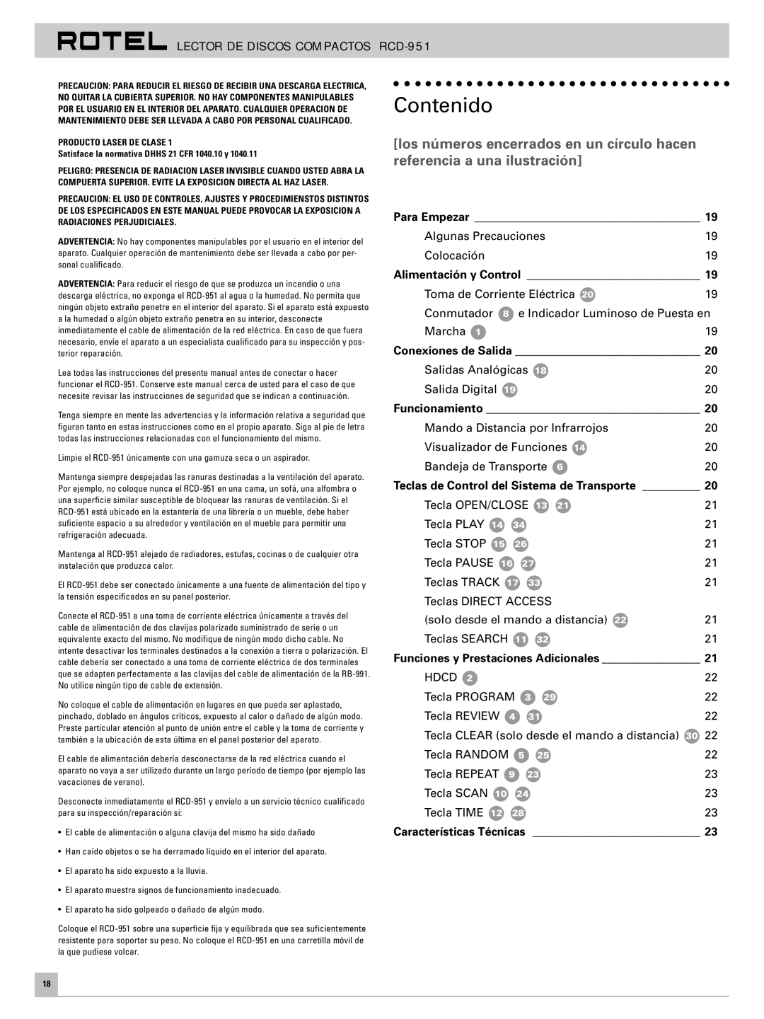 Rotel RCD-951 owner manual Contenido 