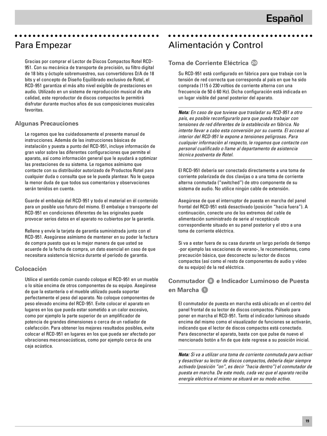 Rotel RCD-951 owner manual Español, Para Empezar, Alimentación y Control 