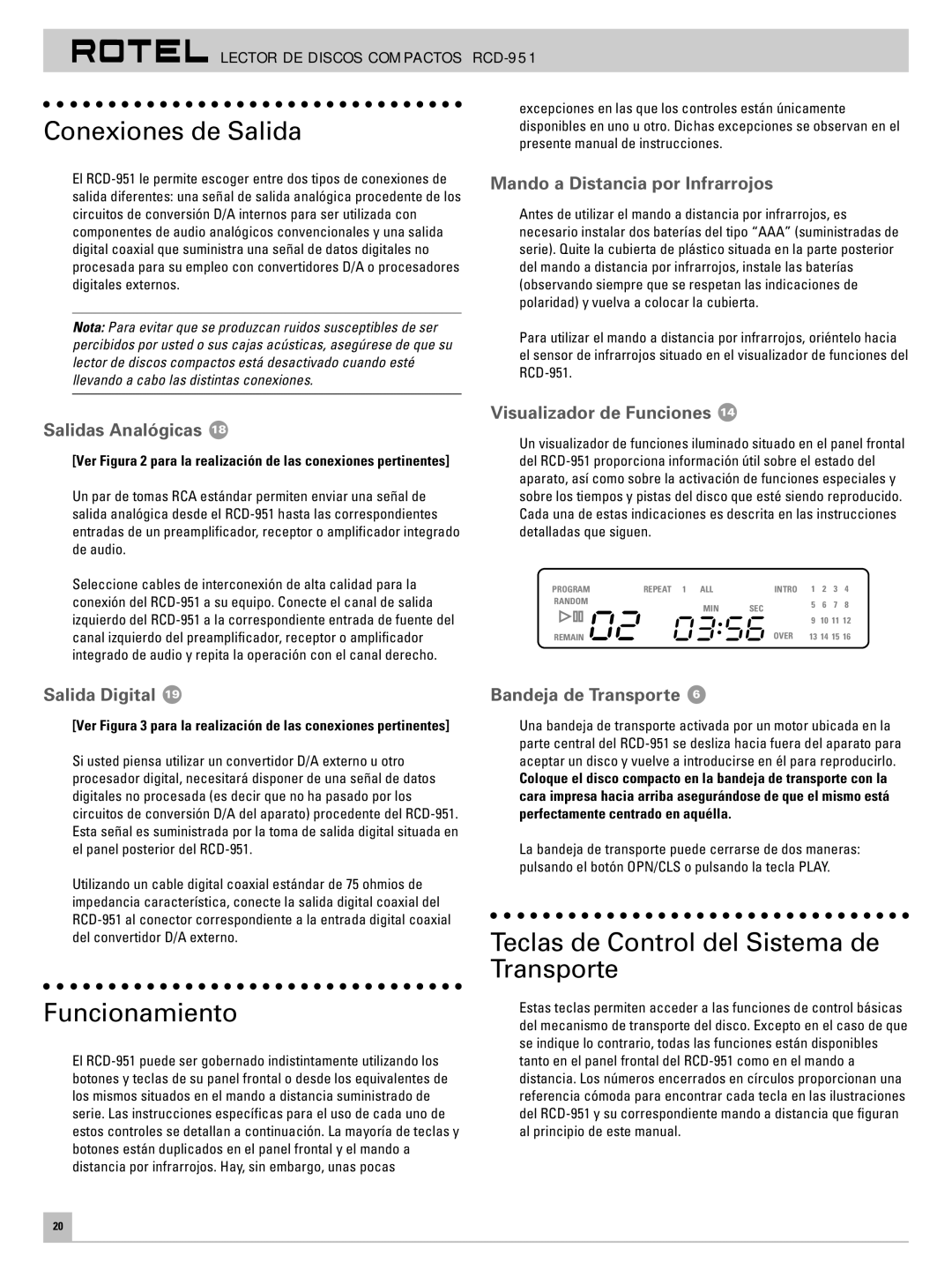 Rotel RCD-951 owner manual Conexiones de Salida, Funcionamiento, Teclas de Control del Sistema de Transporte 