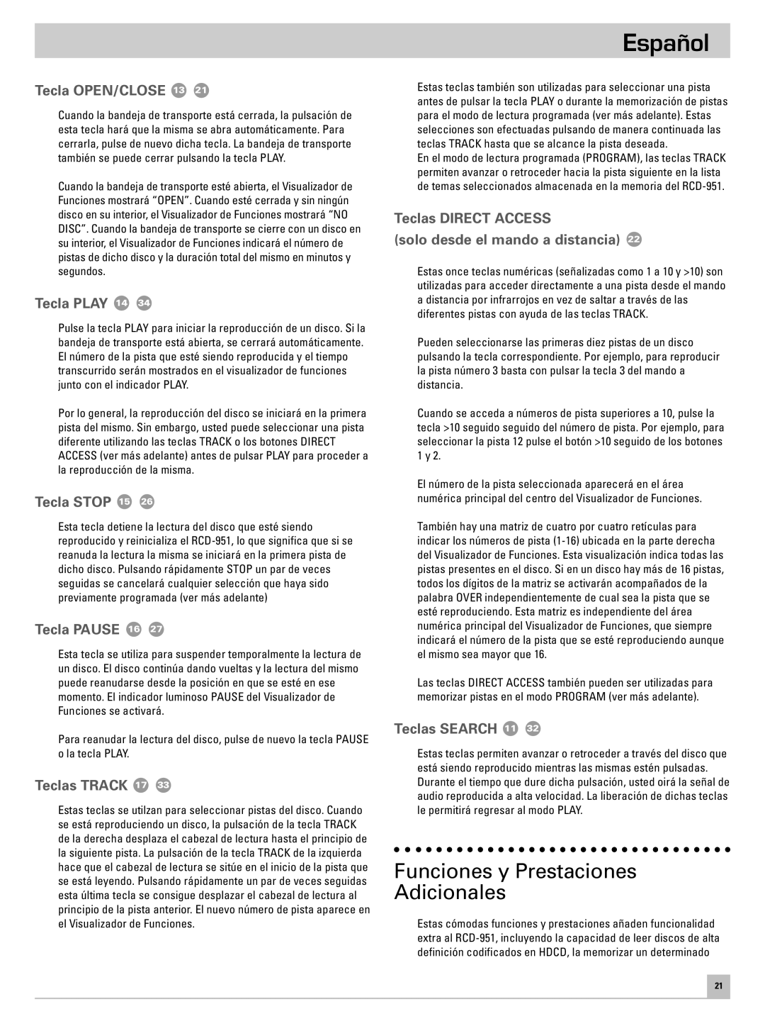 Rotel RCD-951 owner manual Funciones y Prestaciones Adicionales 