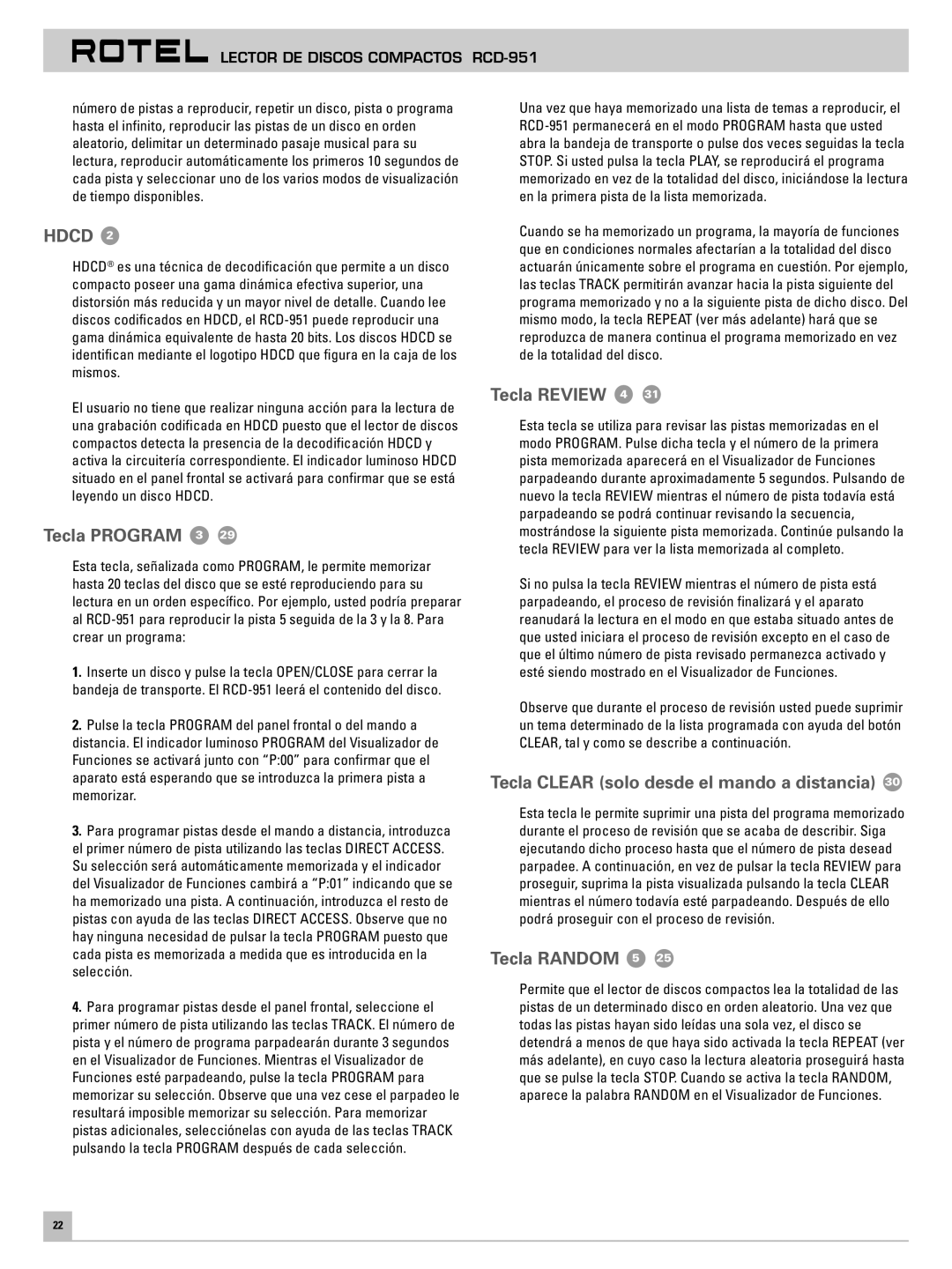 Rotel RCD-951 owner manual Tecla Program 3, Tecla Review 4, Tecla Clear solo desde el mando a distancia, Tecla Random 5 