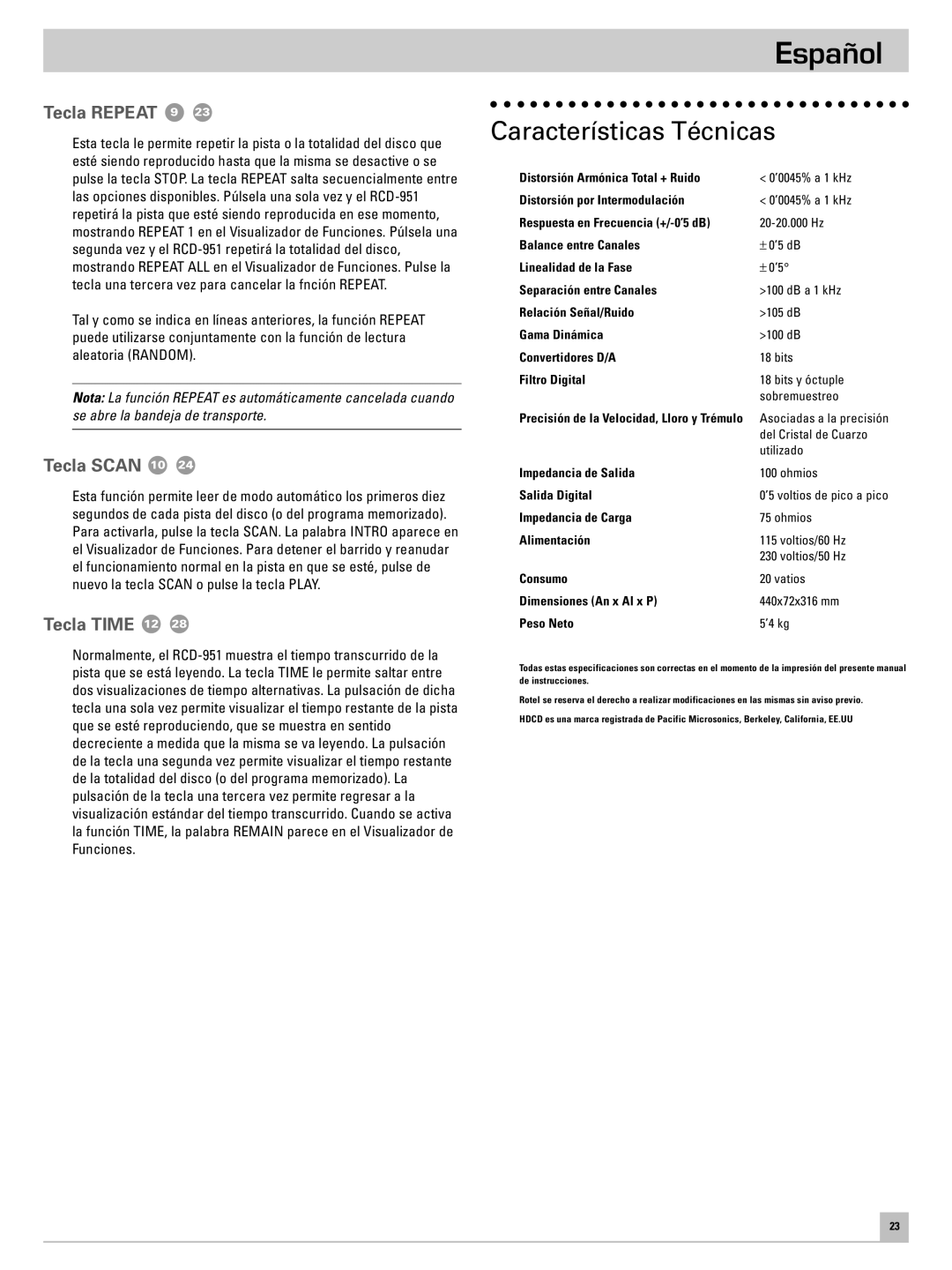 Rotel RCD-951 owner manual Características Técnicas, Tecla Repeat 9, Tecla Scan 10, Tecla Time 12 