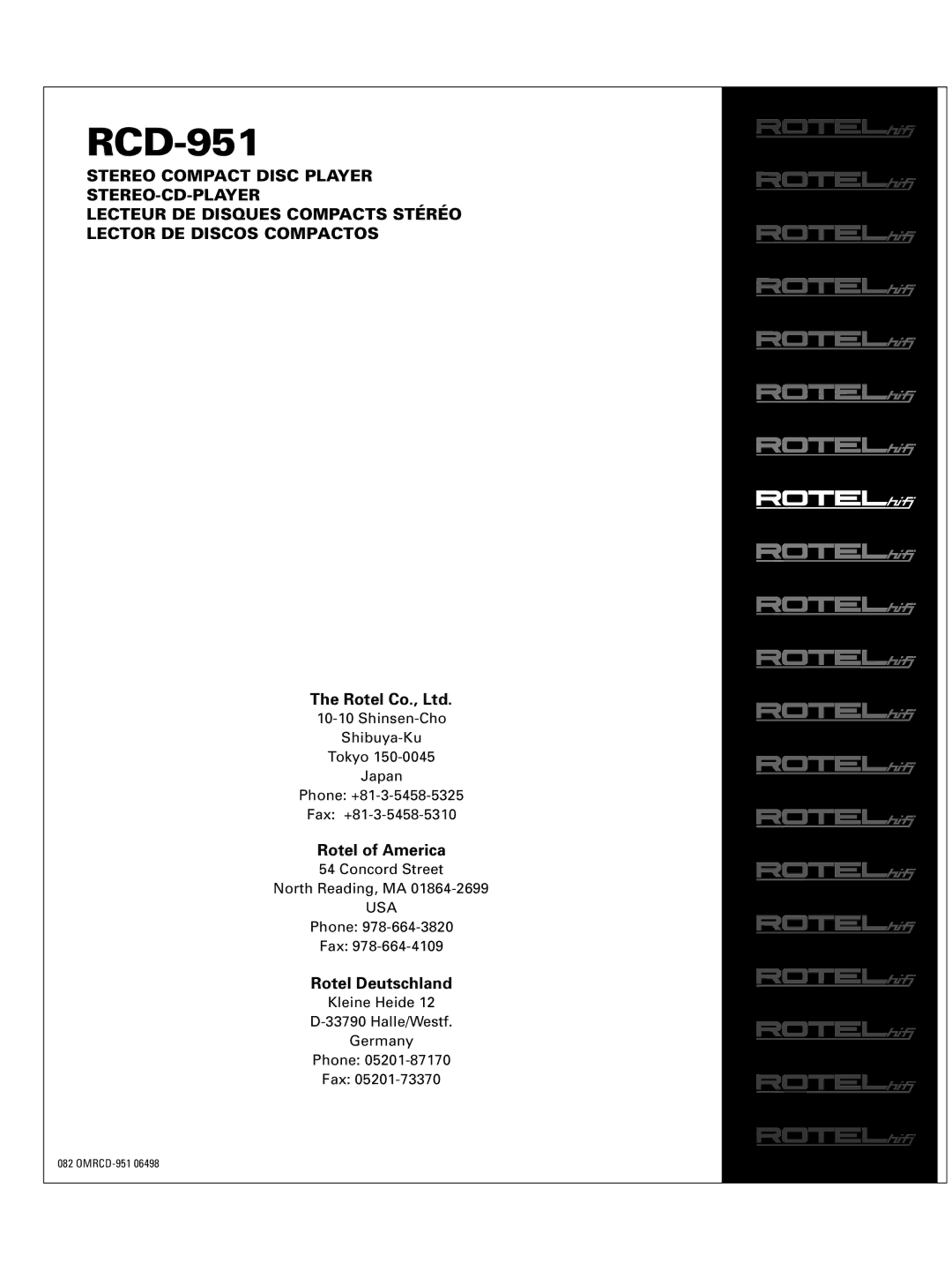 Rotel RCD-951 owner manual Usa 