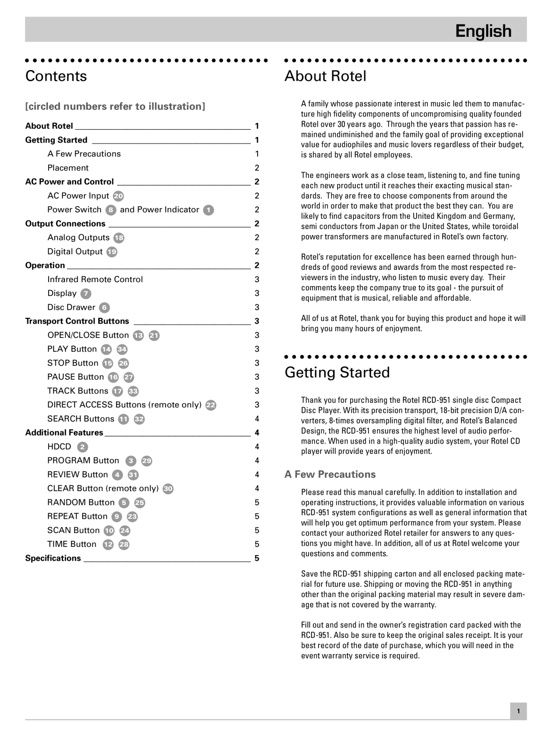 Rotel RCD-951 owner manual English, Contents, About Rotel, Getting Started 