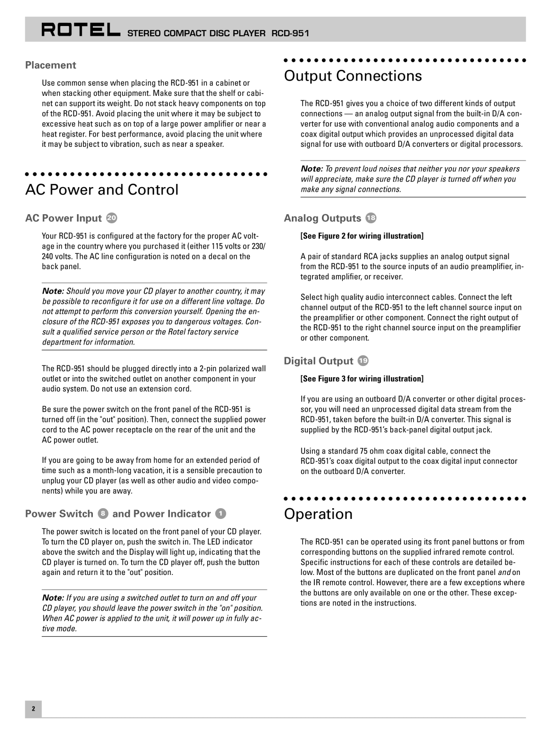 Rotel RCD-951 owner manual AC Power and Control, Output Connections, Operation 